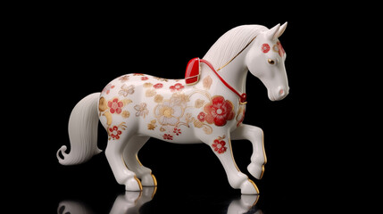 白い馬の高級な陶器の置き物。午年のお祝い