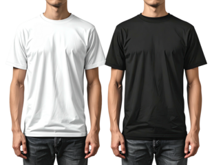 Two blank t-shirts, white and black, on models