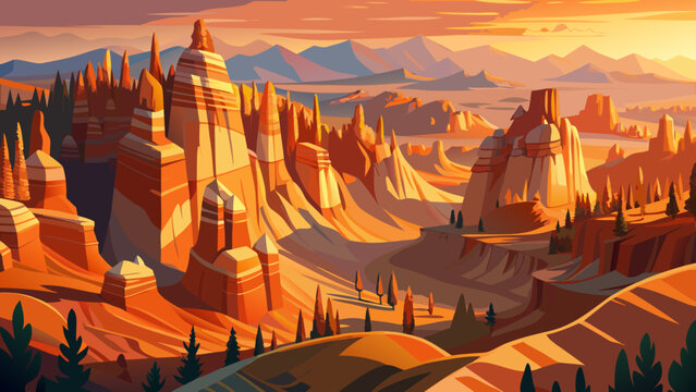 Very beautiful hoodoos glowing in early morning golden light at Bryce Canyon National Park, Utah, vector-style landscape emphasizing striking rock formations and warm desert hues.