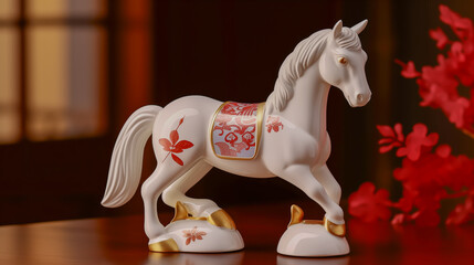 白い馬の高級な陶器の置き物。午年のお祝い
