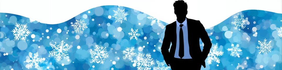 Silhouette of a Man in a Suit Standing Against a Blue Winter Snowflake Background
