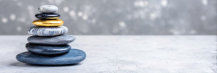 Stack Of Smooth Grey Stones With A Gold Ring Accent And White Glitter Dust Background