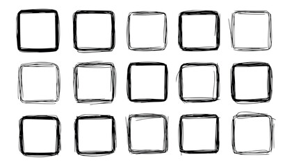 Vector art of collection of fifteen handdrawn square frames with rough, sketchy borders