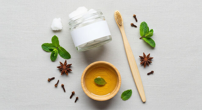 Overhead view natural toothpaste ingredients including mint, cloves, star anise, and coconut oil with bamboo toothbrush