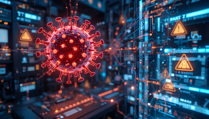 Glowing red coronavirus particle hovers over complex digital circuit board with warning signs, representing global health crisis and technological threat.