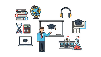 Illustration of a teacher in front of a whiteboard surrounded by educational icons