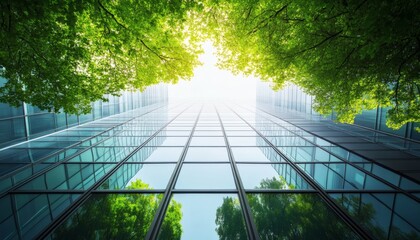 Modern glass building reflected in lush greenery