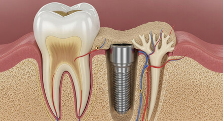 Crosssection human jawbone showing dental implant surgically placed next to natural tooth, illustrating bone integration and root structure