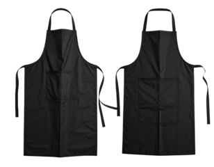 Two black aprons, front view, side by side