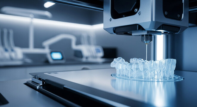 Closeup 3d printer in modern dental laboratory, precisely creating clear dental aligner or prosthetic device