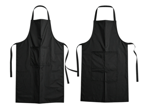 Two black aprons, front view, side by side