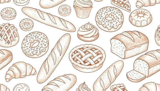 Vector art of a delightful assortment of freshly baked bread, pastries, donuts, and pies, perfect for any bakery or foodrelated theme