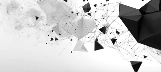 Abstract geometric shapes in black and white, interconnected by lines. A digital artwork with a 3D effect