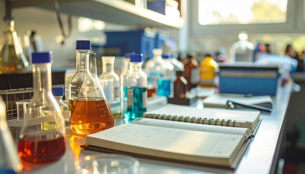 Photo of a cluttered scientist’s workstation filled with notebooks background