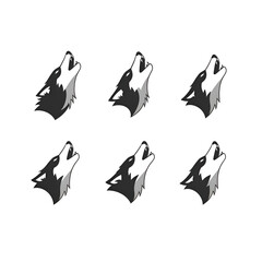 Collection of six howling wolf head icons in a graphic, stylized black and white design, isolated on transparent background