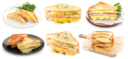Yummy sandwiches with cheese isolated on white, set