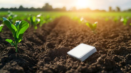 Innovative agriculture: wireless sensor monitors soil. Precision farming for optimal crop health & data-driven insights in a lush green field.