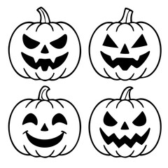 4 Smiling Jack O' Lantern Vector Illustration. Outline Design. Coloring Book Page. SVG. Transparent Background. Printable Halloween Design.