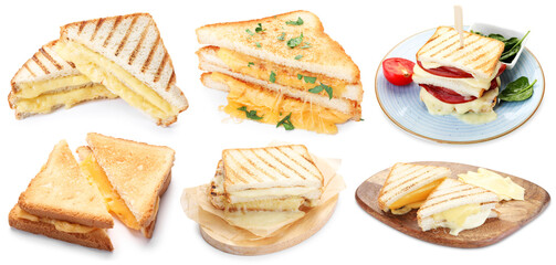 Yummy sandwiches with cheese isolated on white, set