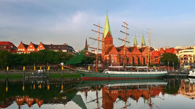 Sunset at Schlachte on the Weser river in the old town of Bremen, Germany
