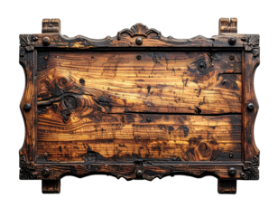 Aged wooden sign with ornate frame