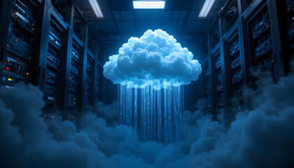 Stunning digital cloud descends data streams into futuristic server room creating abstract tech concept art