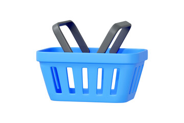 3D render of empty blue plastic shopping basket with black handles isolated on white background