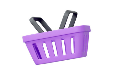 3D render of a purple plastic shopping basket with black handles isolated on white background. Symbol of retail, shopping and commerce