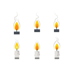 Set of six flickering candle flames with stylized smoke trails, some on dark bases and others on white candle holders, isolated on transparent background