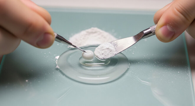 Hands carefully mixing dental cement powder with liquid on glass slab, preparing for dental procedure or restoration