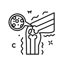 Illustration of a knee joint with magnified view of cartilage damage depicting arthritis or bone disease in white outline style on transparent background