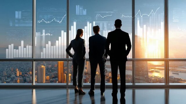 Visionaries in the City: Three professionals stand before panoramic windows, gazing out at a cityscape overlaid with data visualizations, symbolizing ambition and strategic planning.