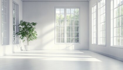 Fototapeta premium Bright sunlight streams into a minimalist white room with large windows and a potted plant