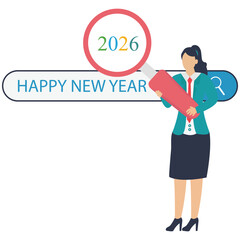 Searching for a happy new year in 2026 with an optimistic business woman, perfect for festive greetings and forward-thinking promotions