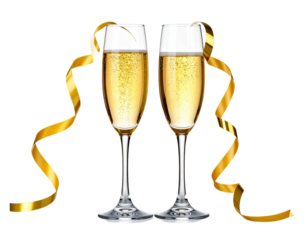 Two champagne flutes, gold ribbon