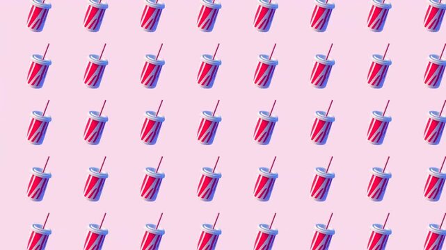 A seamless Pattern of red and white soda cups with straws on a pink background.