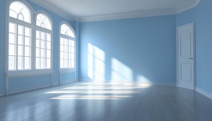 Obraz premium Empty room with blue walls and white trim, featuring arched windows and a white door