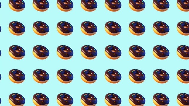 A Seamless  repeating pattern of delicious chocolate-glazed donuts with sprinkles on a light blue background.