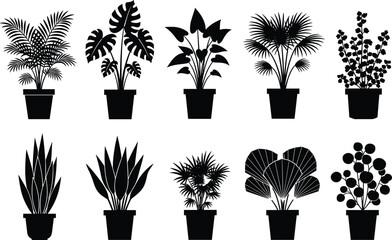 Silhouette vector set of indoor potted plants, houseplant foliage icons, botanical decoration, black plant shapes, minimalist home garden design