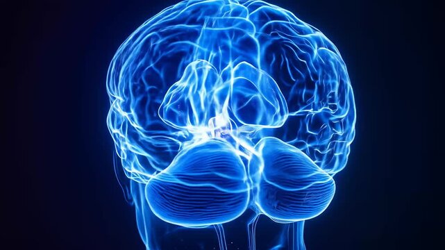 Digital Animation of a Glowing Human Brain Rotating in 3D Space.