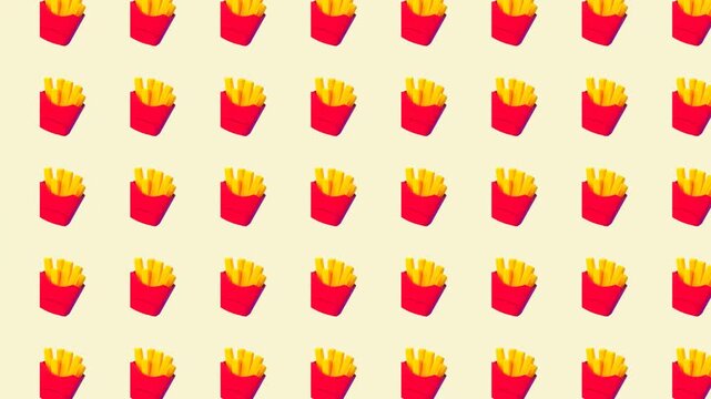 A seamless repeating pattern of cartoon french fries in red cartons on a light yellow background.