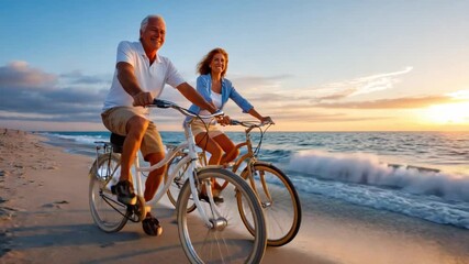 Golden Hour Ride: An elderly couple shares a joyful bike ride along a picturesque beach at sunset, embodying a sense of freedom and shared experience. - Powered by Adobe
