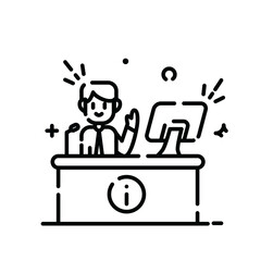 Illustration of a Cheerful Person Waving Behind a Desk With a Computer and Information Icon In a Clean Line Art Style on a Transparent Background