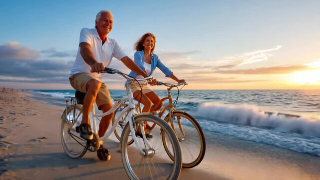 Golden Hour Ride: An elderly couple shares a joyful bike ride along a picturesque beach at sunset, embodying a sense of freedom and shared experience.