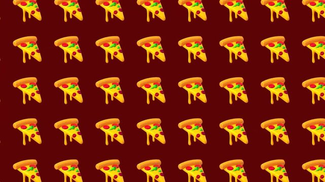A seamless Repeating pattern of cartoon pizza slices with dripping cheese on a dark red background, creating a fun and appetizing wallpaper.