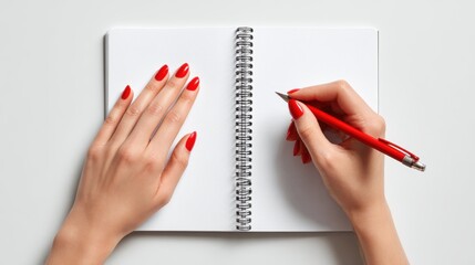 Woman?s hands writing with pen over blank paper isolated on white background. Top view.