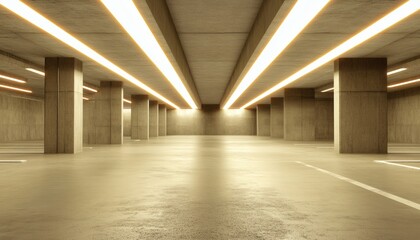 Empty modern parking garage with concrete pillars and bright lights