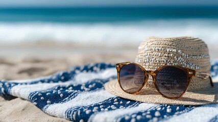 Chic straw beach hat and oversized sunglasses on a colorful towel by the sea, with golden sand and gentle waves under the sun. - Powered by Adobe
