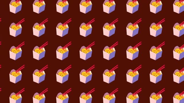 A repeating seamless pattern of Chinese food takeout boxes with red chopsticks on a dark brown background.