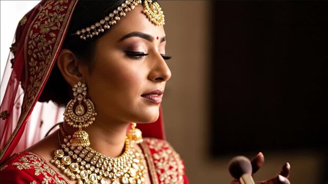 close-up cinematic shot of bride getting ready for Indian wedding, applying makeup, wearing red lehenga with golden embroidery, jewelry shining, henna (mehndi) on hands